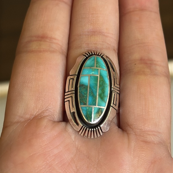 Navajo Handmade vintage Silver and Turquoise Inlay Ring size 9 - Picture 11 of 14